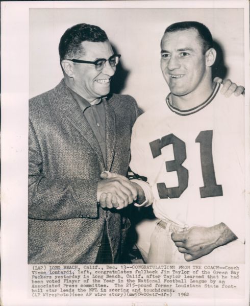 1962 Vince Lombardi & Jim Taylor Green Bay Packers Type 1 8" x 10" Photo