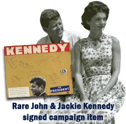 1960 John F. Kennedy and Jacqueline Kennedy Signed Campaign Trail Display Boldest JFK Signature We Have Seen - JSA 