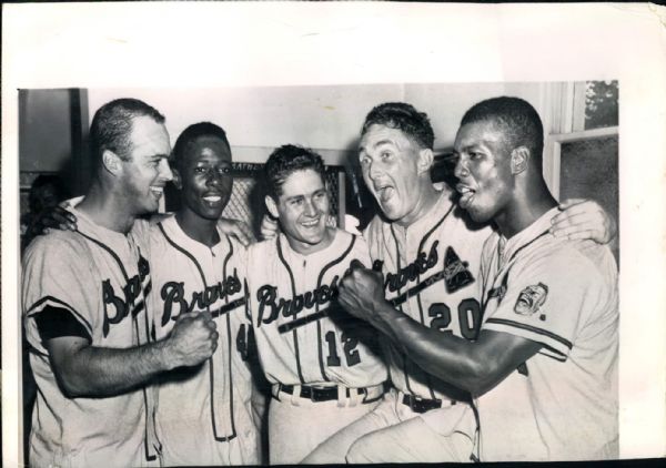 1957 Hank Aaron Eddie Mathews Bob Hazel Don McMahon Wes Covington Milwaukee Braves "Boston Herald Collection Archives" Original 7" x 10" Photo (Boston Herald Archives Hologram/MEARS Photo LOA)