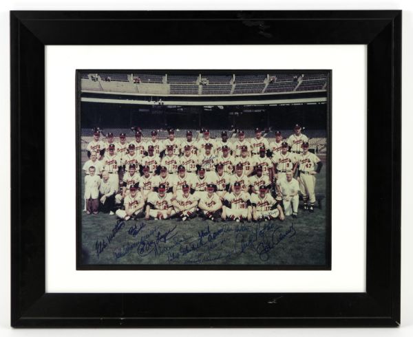   1957 Milwaukee Braves Team Signed 21 1/2" x 17 1/2" Photo Display w/14 Sigs. Incl. Hank Aaron Eddie Mathews Spahn - JSA 