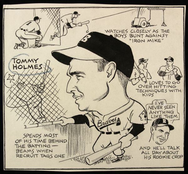 1951-52 Tommy Holmes Boston Braves 8 1/2" x 7 1/2" Original Illustration Art - Sporting News Hologram