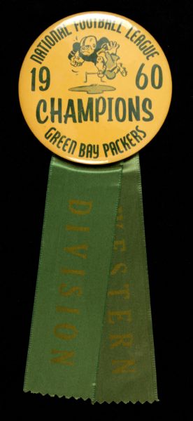 1960 Green Bay Packers 3 1/2" Diameter Pinback Button National Football League Champions w/Western Divison Ribbon Reference Rare!