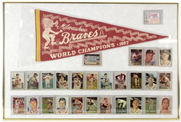 1957 Milwaukee Braves World Series Champions 24" x 36" Framed Display Including Pennant, Ticket Stub & Team Topps Set w/ 5 Signed (JSA)