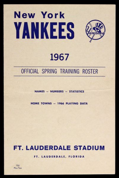 1967 New York Yankees Ft. Lauderdale Stadium Spring Training Roster 