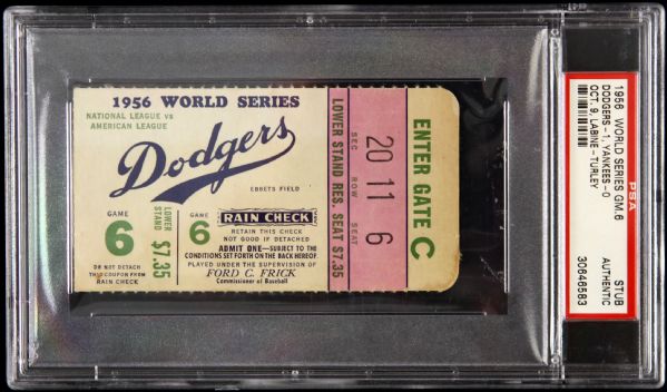 1956 World Series Game 6 Ticket Stub Brooklyn Dodgers New York Yankees (PSA Authentic)