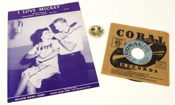 1956 Mickey Mantle Teresa Brewer "I Love Mickey" Sheet Music, Pinback Button & 7" 45 RPM Vinyl Single - Lot of 3