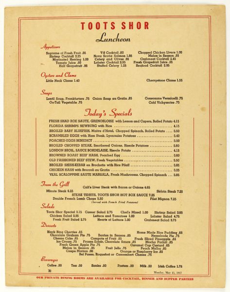 1967 (May 14) Mickey Mantle New York Yankees Signed Toots Shor Menu From Evening of 500th Home Run Celebration (JSA)