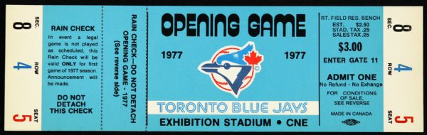 1977 Rare Opening Game Toronto Blue Jays Full Unused Near Mint Ticket