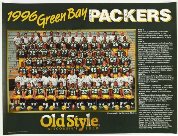 1996 Green Bay Packers Super Bowl 31 Team Signed 18”24” Old Style Promotional Poster – 62 signatures (JSA)