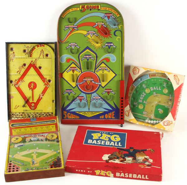 Vintage 1950s-60s Baseball Games - Peg Baseball, Pinball, Poosh-M-Up, Push Button Baseball (Lot of 6)