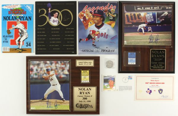 1990 Nolan Ryan Texas Rangers 300th Career Win Memorabilia Collection - Lot of 9 w/ 4 Signed by Ryan (JSA) 