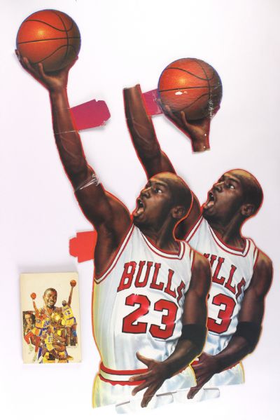 1980s Basketball Memorabilia Collection - Lot of 3 w/ Michael Jordan 14" x 38" Display Cutouts & 1987-88 Lakers Media Guide