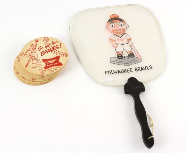 1950s Milwaukee Braves Memorabilia Collection - Lot of 10 w/ Fan & Miller High Life Coasters