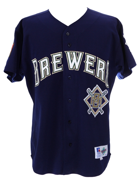 1994 Mike Matheny Milwaukee Brewers Signed Game Worn Alternate Jersey w/ MLB 125th Anniversary Patch (MEARS LOA/JSA)