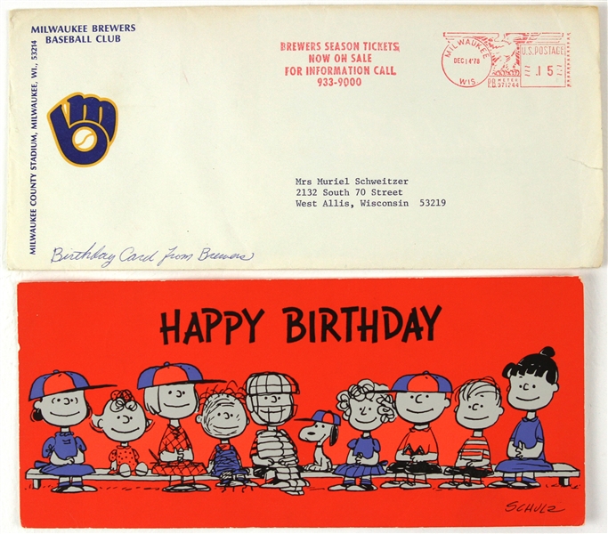 1973 Milwaukee Brewers Multi Signed Peanuts Birthday Card w/ Team Envelope (JSA)