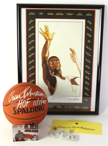 1995 Oscar Robertson Wisconsin Sports Hall of Fame Memorabilia Collection - Lot of 5 w/ Rare Dual Signed Basketball, Signed Lithograph & More (JSA)