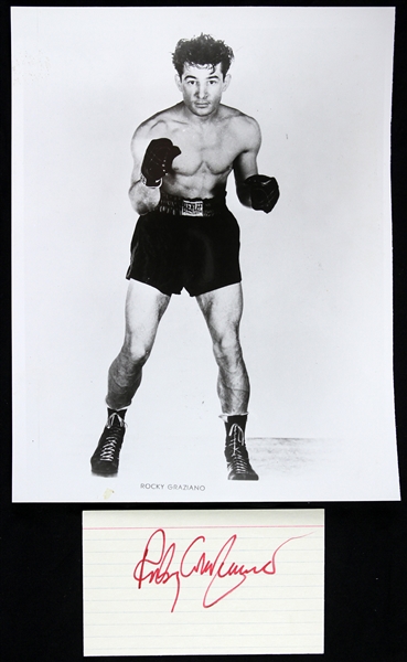 1970s Rocky Graziano World Middleweight Champions 8" x 10" Photo & Signed Index Card - Lot of 2 (JSA)