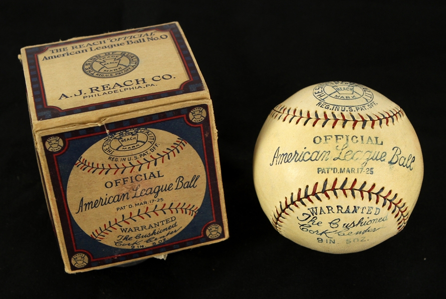 1928 Ernest Barnard Reach Official American League Baseball w/ Period Box (MEARS LOA) Al Simmons Estate