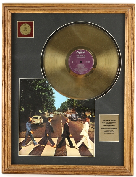 1970s The Beatles Abbey Road 21" x 28" Framed Gold Plated Record Display