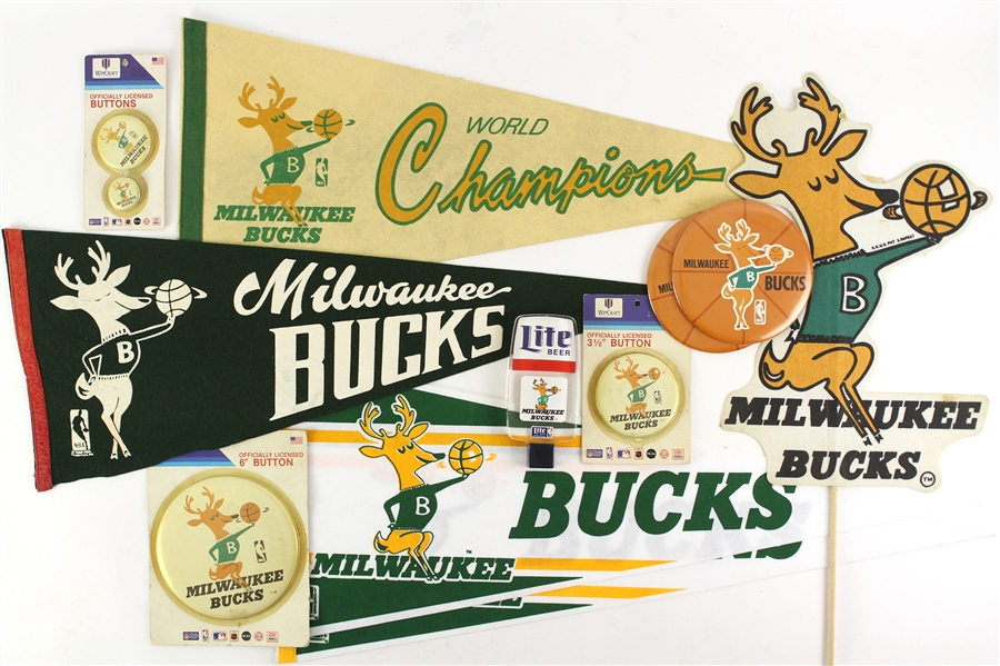 1960s-80s Milwaukee Bucks Memorabilia Collection - Lot of 16 w/ Beer Tapper, After Shave, Pennants & Pinback Buttons