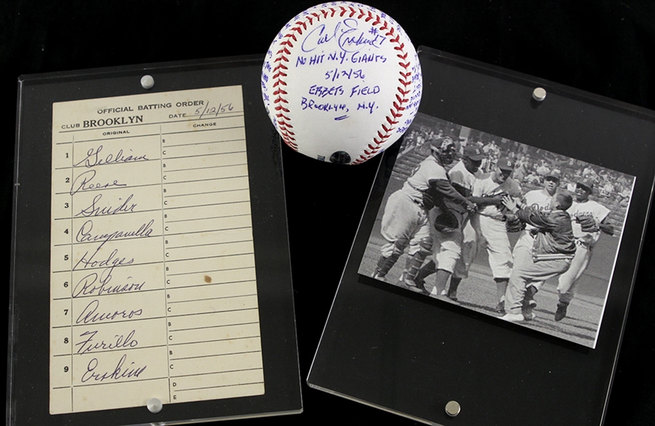 1956 Carl Erskine Brooklyn Dodgers No Hitter Signed/Notated OML Selig Baseball & Lineup Card - Lot of 2 (JSA)