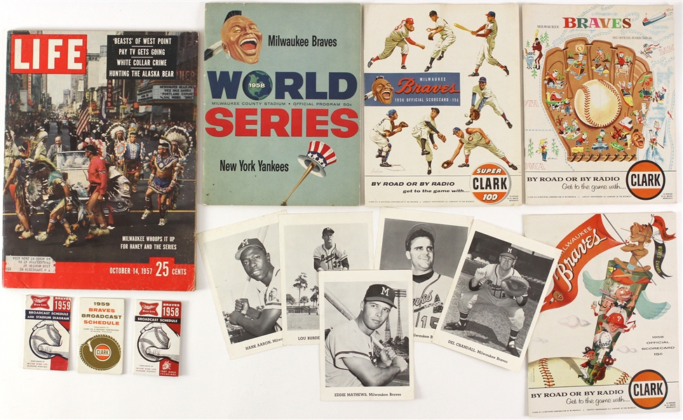 1956-59 Milwaukee Braves Memorabilia Collection - Lot of 13 w/ 1958 World Series Program, Schedules, Photos & More