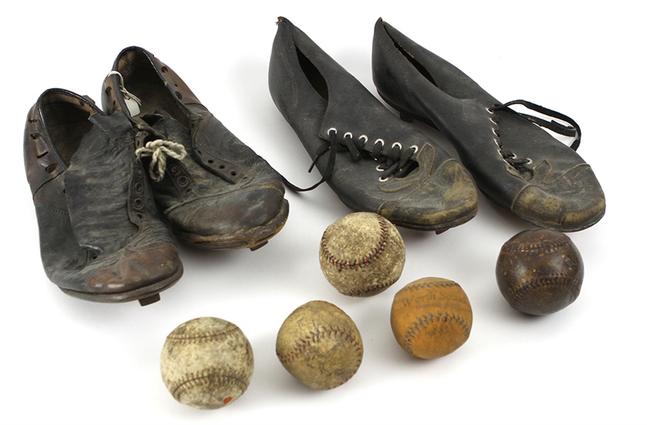 1900s-20s Game Worn/Used Baseballs & Cleats - Lot of 7 w/ 5 Baseballs & 2 Pairs of Cleats (MEARS LOA)