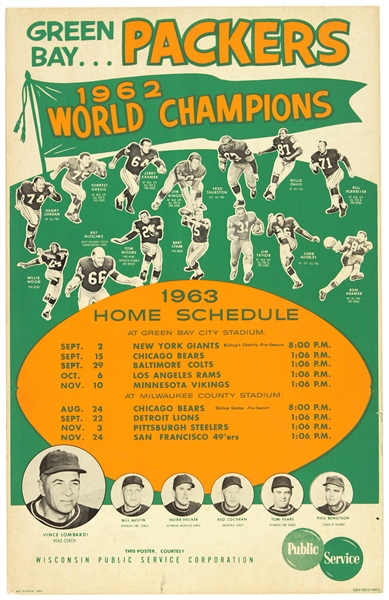 1963 Green Bay Packers 14" x 22" Schedule Broadside Featuring Vince Lombardi and the Coaching Staff