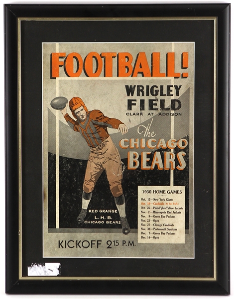 1930s Red Grange Chicago Bears Wrigley Field 18" x 23" Framed Schedule Broadside