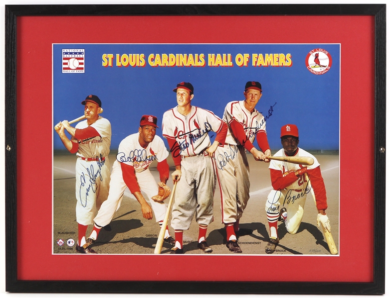 1996 Stan Musial Bob Gibson Lou Brock Red Schoendienst Enos Slaughter Signed 19" x 25" Framed St. Louis Cardinals Hall of Famers Photo (JSA)