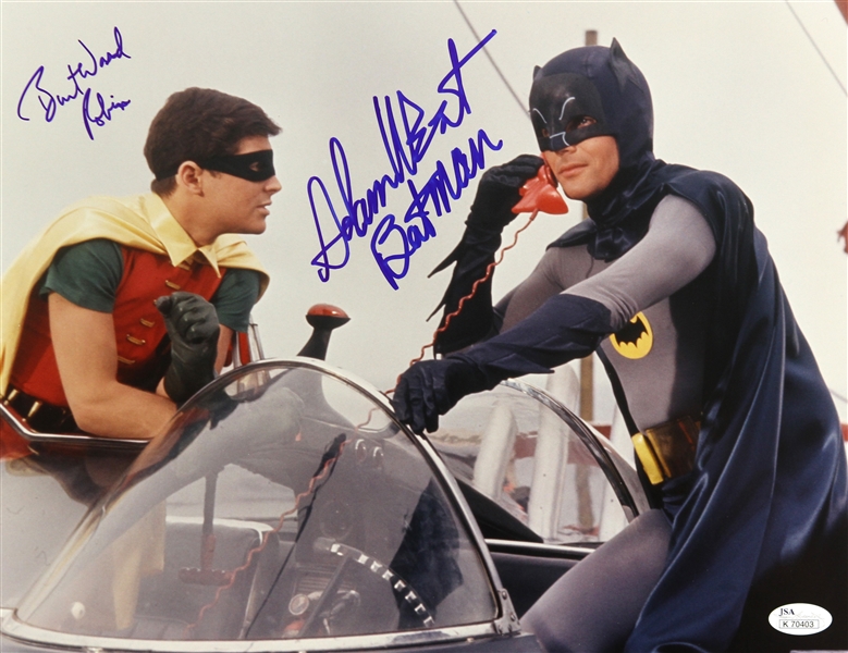 1966-68 Adam West Batman (Batmobile photo with Burt Ward signature) Signed LE 14x11 Color Photo (JSA)