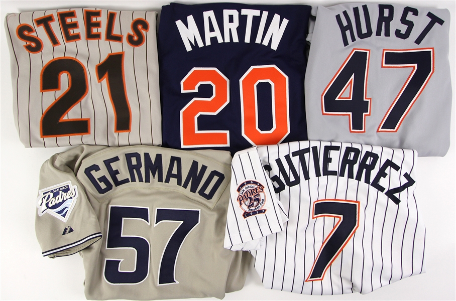 1987-2008 San Diego Padres Game Worn Jersey Collection - Lot of 5 w/ Bruce Hurst, Ricky Gutierrez, Al Martin & More (MEARS LOA)