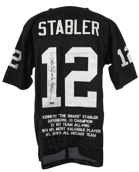 1970-1979 Ken Stabler Oakland Raiders Signed Custom Jersey W/ Career Stat Embroidery and “Snake” Inscription (Radtke)
