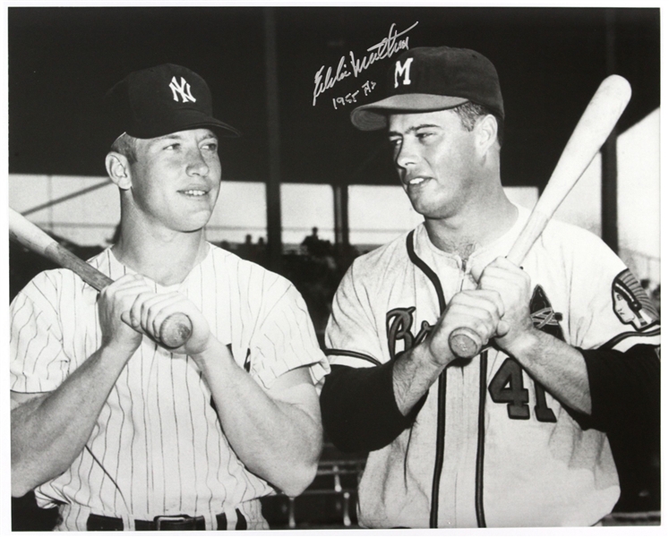 1955 Eddie Mathews Milwaukee Braves w/ Mickey Mantle at the All Star Game At County Stadium Autographed Original 16x20 Hand Developed Photo (JSA)