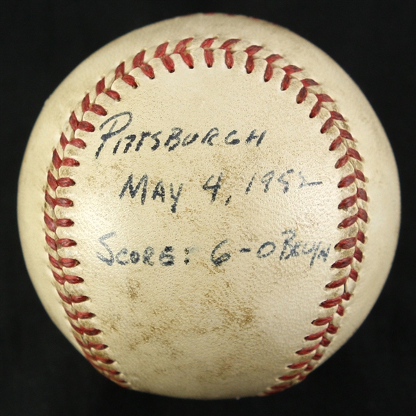 1952 (May 4) Carl Erskine Brooklyn Dodgers ONL Giles Forbes Field Game Used Victory Baseball (MEARS LOA/Signed Erskine Letter) 1st Win of Season