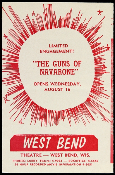 1961 Guns of Navarone Tri Fold Movie Herald West Bend, WI Theatre