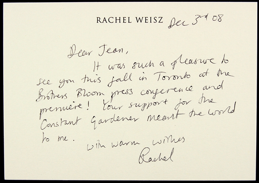 Rachel Weisz 5"x 7" Autographed Note Signed 