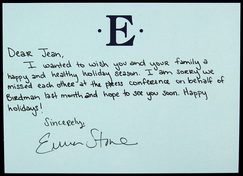 Emma Stone 5"x 7" Autograph Note Secretarial Signed