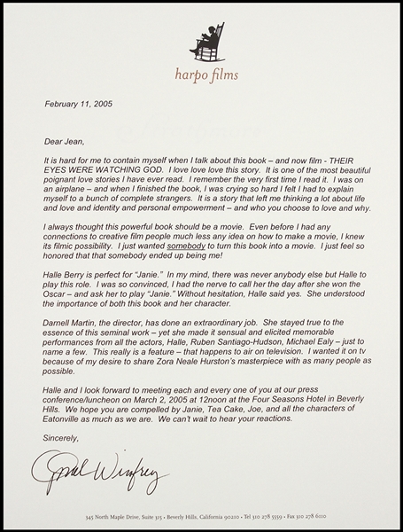 Oprah Winfrey 8"x 10" Typed Letter Secretarial Signed 