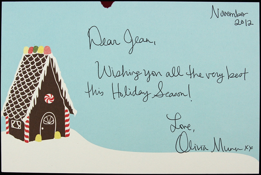 Olivia Munn 5"x 8" Secretarial Signed Holiday Card