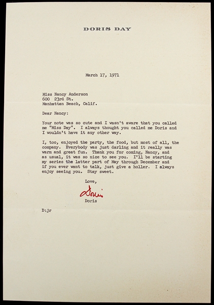 Doris Day 7"x 9" Typed Letter Secretarial Signed