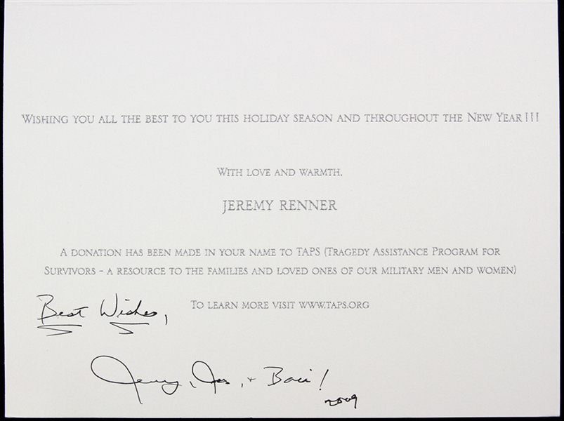 Jeremy Renner 5"x 7" Secretarial Signed Holiday Card