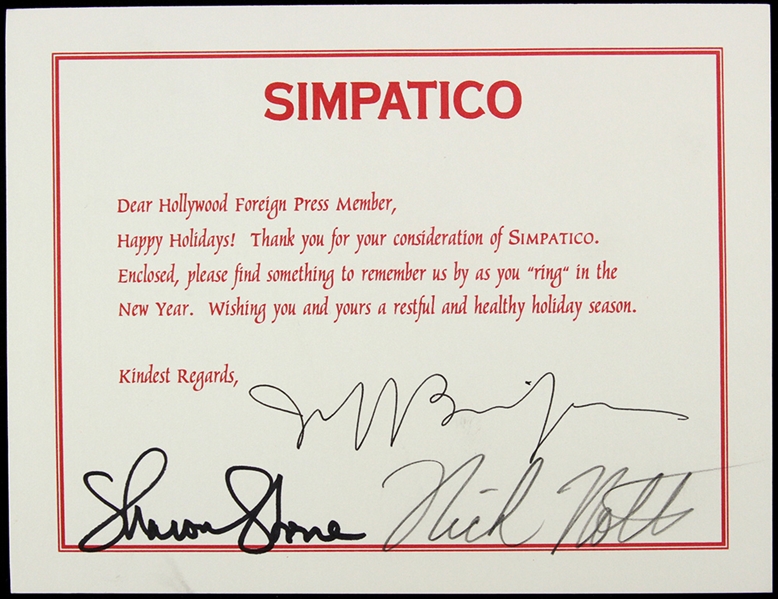 Sharon Stone/Jeff Bridges/Nick Nolte 5"x 6" Secretarial Signed Holiday Card 