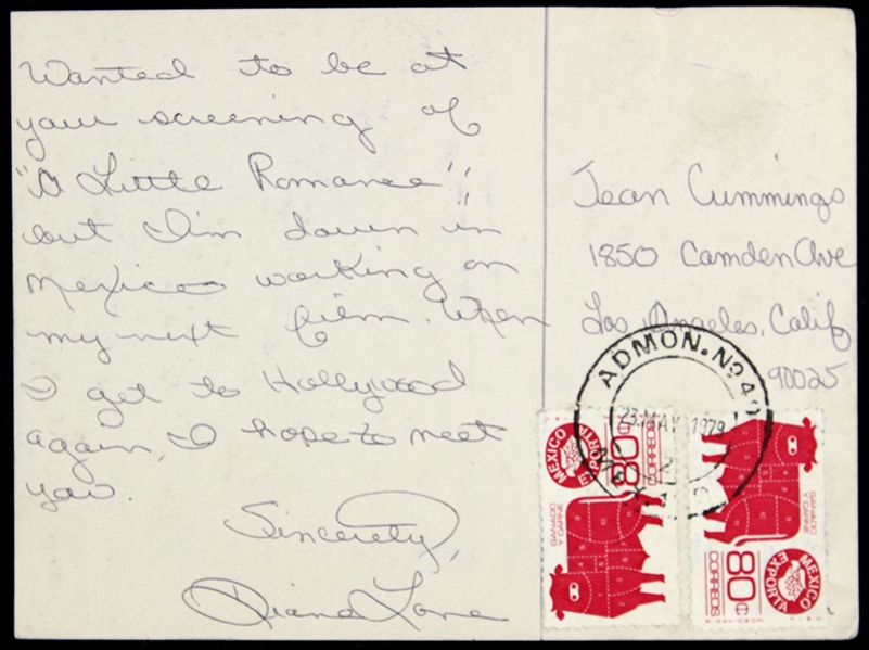 Diane Lane 4"x 6" Autographed Postcard Secretarial Signed 