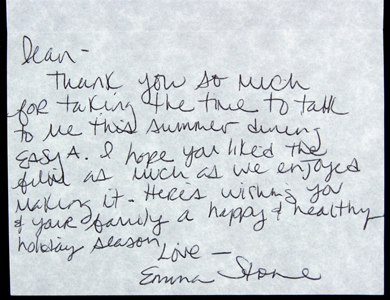 Emma Stone 3"x 4" Autographed Note Secretarial Signed 