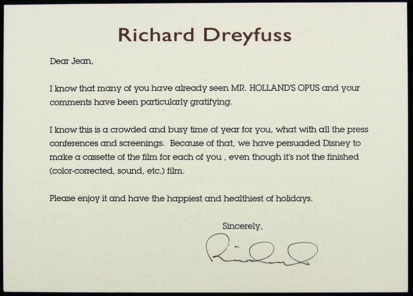 Richard Dreyfuss 5"x 7" Typed Note Secretarial Signed 
