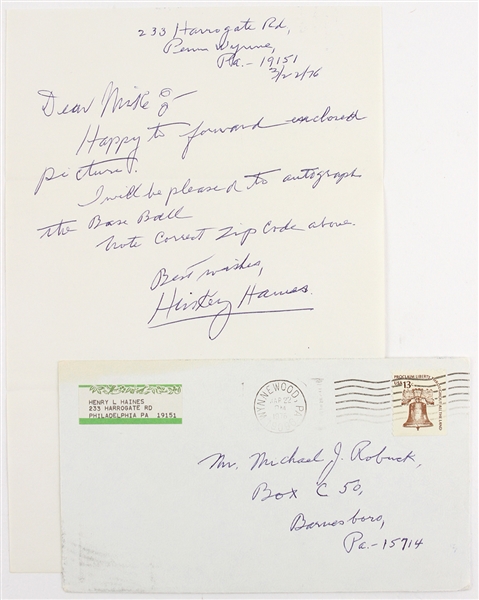 1976 Hinkey Haines New York Yankees/Giants Signed Letter w/ Original Envelope (JSA)