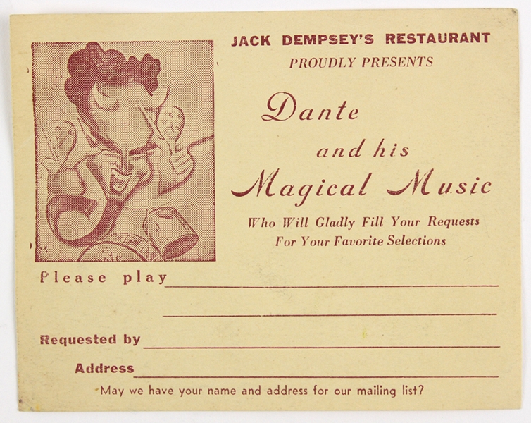 1950s Jack Dempseys Restaurant Dante & His Magical Music Song Request Card