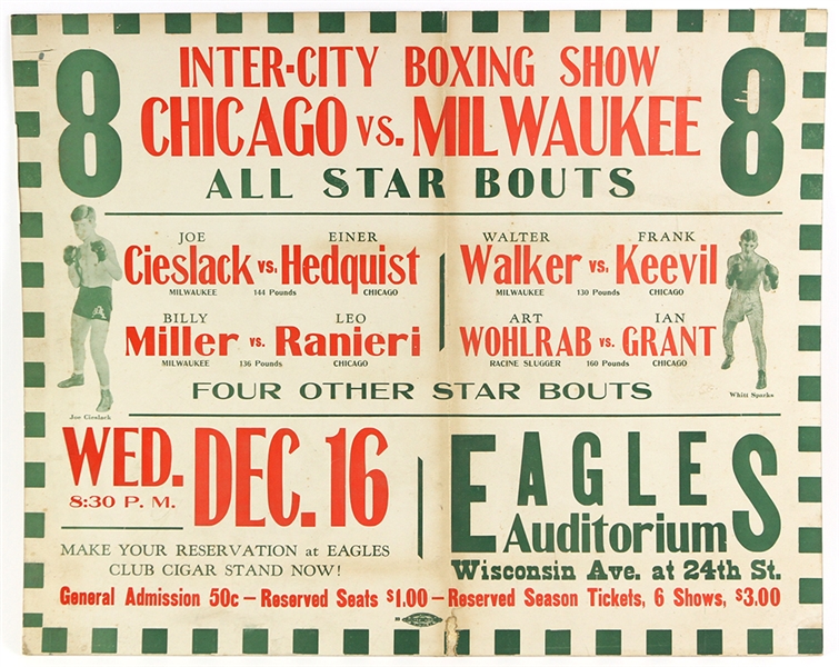 1931/36 Chicago vs Milwaukee InterCity Boxing Show 22" x 27" Eagles Auditorium Broadside