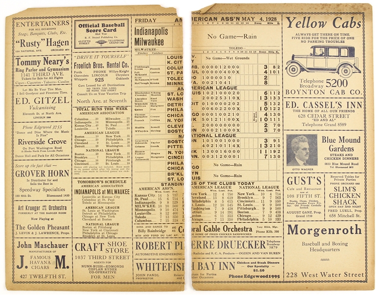 1928 Official Baseball Score Card & Advertising Pages